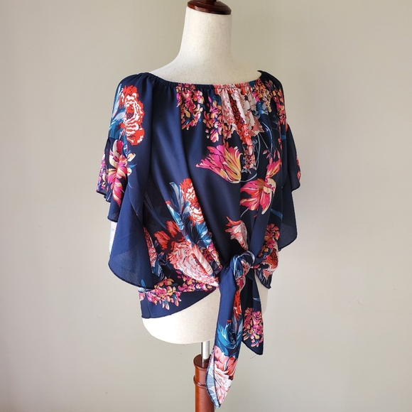 Tops - Floral Cropped Tie Front Vacation Top Off The Shoulder Medium